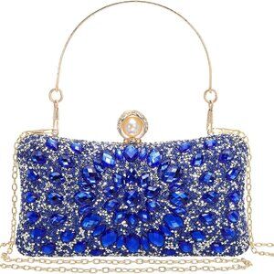 Sparkly Blue Rhinestone Evening Clutch Bag with Detachable Straps for Weddings